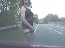 Exhibitionist tranny whore, see-thru on the streets again