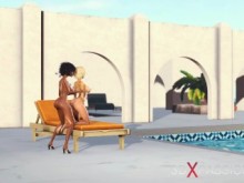 Sexo caliente al aire libre. Transexual negra en 3D folla duro a una colegiala sexy en una lujosa villa