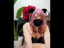 [Foto individual] Intenté disfrazarme de mujer con orejas de gato y pelo rosa y retransmitir un chat.